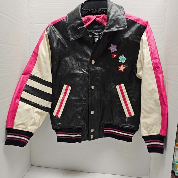 Weatherproof Girls Teen Faux Leather Letterman Zip Flower Applique Jacket